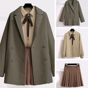 Dark Academia Clothing Set for Women / Woolen Coat, Shirt and Skirt